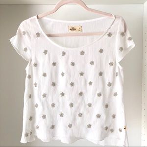 Hollister White Semi Sheer Top With Silver Beaded Flowers Size Small
